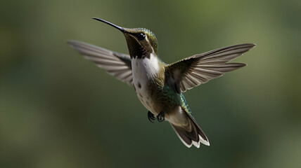 Fototapeta premium Hummingbird mid-flight with wings outspread. Background
