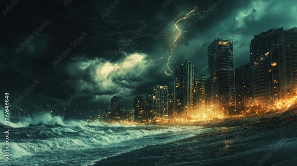 Aufkleber dark clouds loom over the coastal city, with flashes of lightning illuminating the skyline while tur