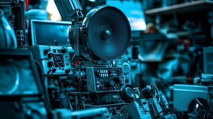 Vintage space communication equipment in a dimly lit room, symbolizing the intersection of old technology and new frontiers, where the past meets the future in a quest for knowledge and exploration.