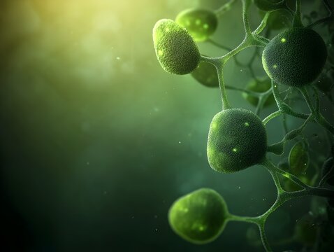 Microscopic image of delicate and intricate desmid green algae cultivated in a greenhouse laboratory for sustainable biofuel vibrant emerald hues and bioluminescent glow