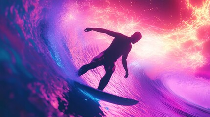 Naklejka premium Silhouette of a Surfer Riding a Neon Wave
