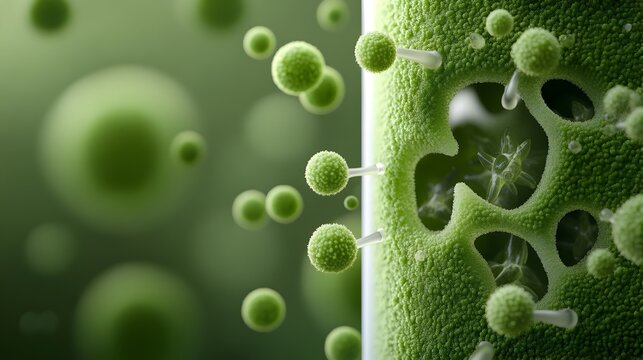 Vibrant microscopic view of the green microalgae Haematococcus pluvialis showcasing its intricate cellular structures and spherical shapes in a cinematic style