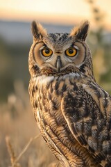 Fototapeta premium Close-up of an owl with intense eyes, showcasing its natural beauty and mystery.
