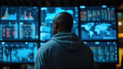 Person Analyzing Data on Multiple Digital Screens in a Modern Workspace