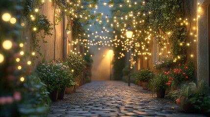 Charming Cobblestone Alleyway Illuminated by Fairy Lights