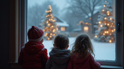 Kids Peering Through Frosted Window at Snowy Holiday Trees