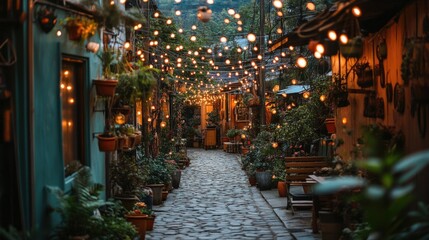 Fototapeta premium Charming Cobblestone Alleyway with Warm String Lights at Dusk