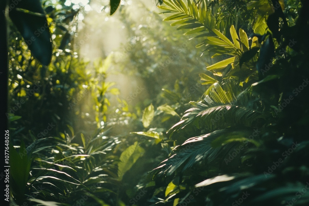 Poster Sunlight filters through dense leaves in a tropical forest, creating a peaceful, serene atmosphere filled with life and greenery. Generative AI