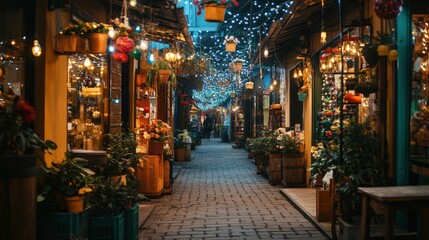 Obraz premium Charming Night Market Alley with Fairy Lights and Vibrant Flowers