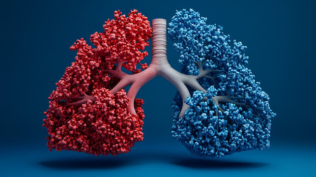 Human lungs. Cancer and respiratory diseases of the pulmonary system. The science of pulmonology in the treatment of tuberculosis, asthma and bronchitis. 3D organ with a red and blue background