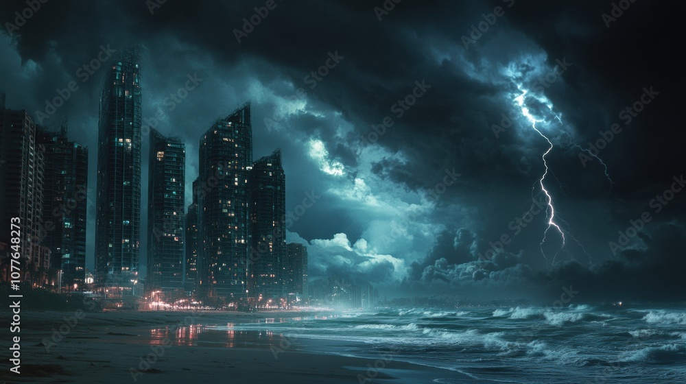 Poster Dark clouds gather as lightning strikes above a coastal city, illuminating the skyline while waves crash against the shore at twilight. Generative AI