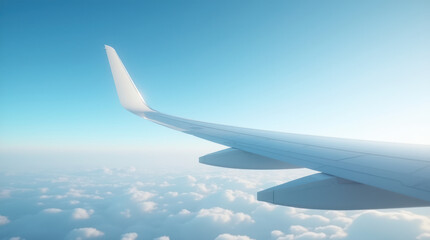 Fototapeta premium Aerial View of an Airplane Wing With a Clear Sky and Fluffy Clouds Below