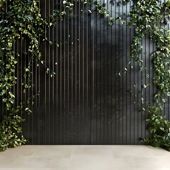 Obraz premium A minimalist backdrop featuring a dark wall with vertical lines and lush green vines.