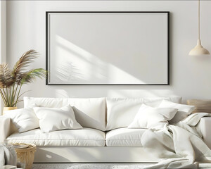 blank rectangular landscape horizontal poster frame mockup in bright and sunny lounge realistic decorative stylish design