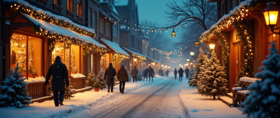 Naklejka premium A Snowy Christmas Street at Night With Warmly Lit Shops and Festive Ambiance