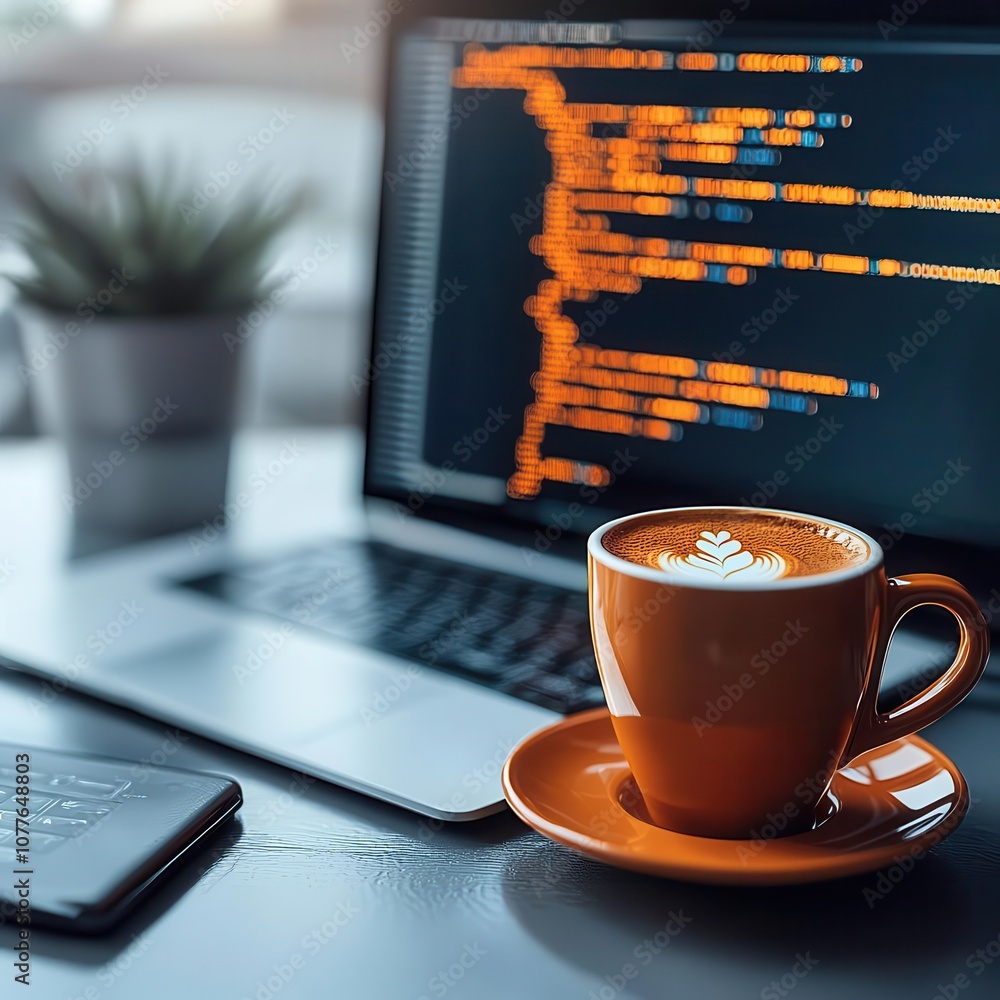 Poster a cozy workspace featuring a laptop displaying code, a cup of coffee, and a plant, ideal for program
