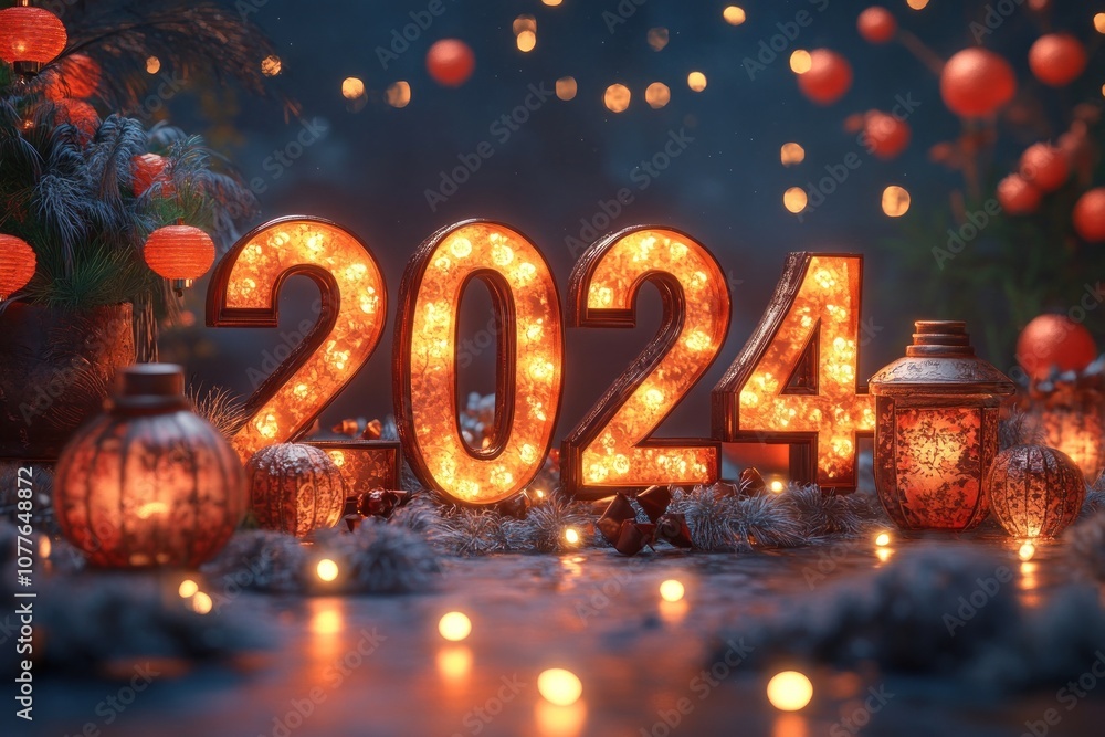 Poster illuminated 2024 in festive setting with glowing lights and ornaments.