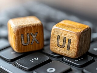 Minimalist close-up of wooden blocks labeled "UX" and "UI" on black background with keyboard corner.

