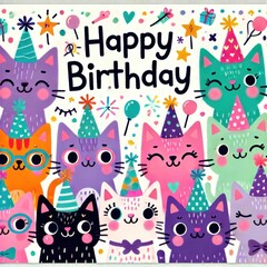 Cheerful birthday card with "Happy Birthday to You" in white cursive on pastel background, floating cake with candles.

