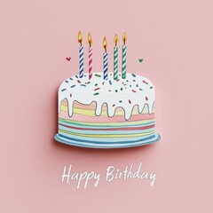 Birthday card with "Happy Birthday to You" in white cursive on pastel pink background, floating cake with candles.

