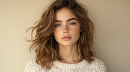 Natural Beauty Portrait of a Young Woman with Freckles and Wavy Hair