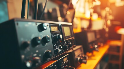 Vintage space communication equipment in a dimly lit room, symbolizing the intersection of old technology and new frontiers, where the past meets the future in a quest for knowledge and exploration.