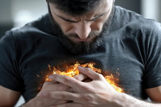 Health warning: man holding his stomach in discomfort, symbolizing struggles of heart disease, digestive issues, emphasizing importance of recognizing symptoms for timely medical attention.