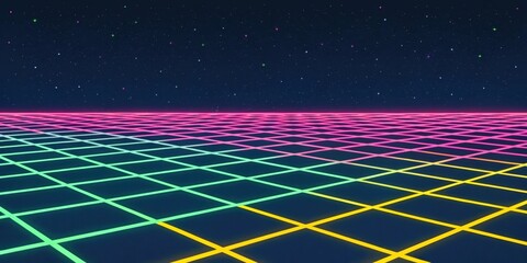 Neon Grid A vibrant grid pattern composed of alternating squares in neon shades of pink green and yellow over a deep indigo canvas delivering a techy yet playful feel that pays