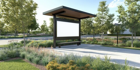 Modern Bus Stop Shelter with Blank Advertising Panel Surrounded by Greenery and Pathways in a Clean Urban Environment