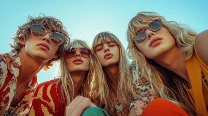 Fototapeta premium Vibrant Fashion Portrait of Friends Enjoying a Sunny Day Outdoors