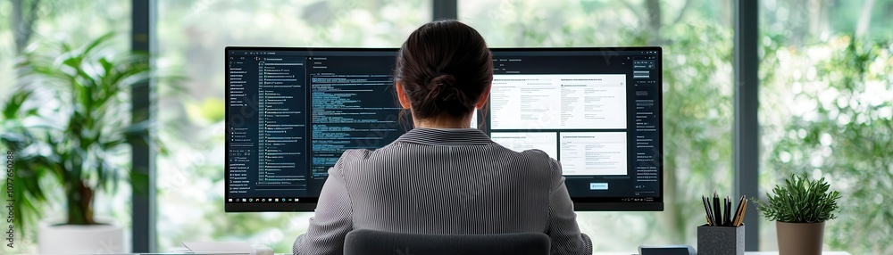 Poster a person seated at a desk, facing dual monitors displaying code, surrounded by plants in a bright an