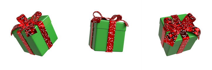 Set of Green Christmast Gift Box With Red Dot Ribbon Isolated 3D Illustration