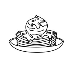 Pancake with ice cream and chocolate syrup on top outline