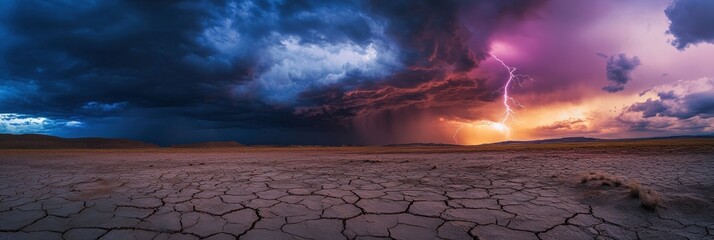 Thunderous clouds loom over the cracked, parched desert floor while lightning strikes through the vibrant sunset colors. Generative AI