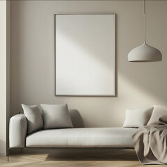 A blank modern minimalist silver metal frame The frame is placed in a modern room with a simple gray sofa The background is minimalist and clean with no clutter The