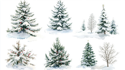 Fototapeta premium Christmas tree watercolor isolated on white background set collection, Set of greenery Christmas pine tree watercolor vector illustration. Winter and Happy New Years seasonal element.