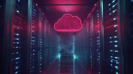 Image of security padlock, clouds network of connections and data processing over server room. Cyber security and business data storage technology concept.