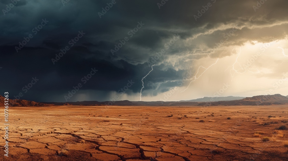 Poster Dark clouds roll in as a thunderstorm approaches an arid desert, illuminating the cracked ground with flashes of lightning and hope for rain. Generative AI