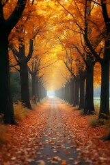 Fototapeta premium Pathway surrounded by trees with autumn leaves, golden colors, peaceful mood, blurred background, Golden Autumn Pathway with Trees