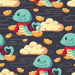 Seamless pattern of chinese new year festival. Year of the Snake, gold cloud, and ingot. Pattern design for fabric, wrapping paper, wallpaper and fashion prints.