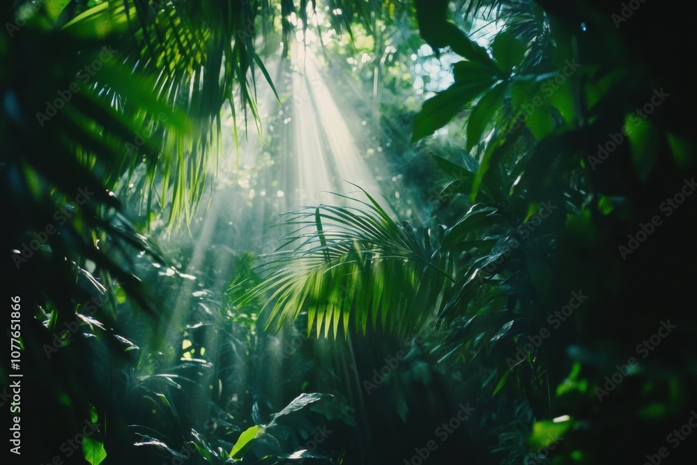 Leinwandbilder soft rays of sunlight filter through lush green leaves, illuminating the path in a serene tropical f