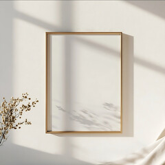a photo realistic simple frame on a white background Empty picture mockup with a goldened texture blank wall art frame for mockup with shadow leaning a wall neutral