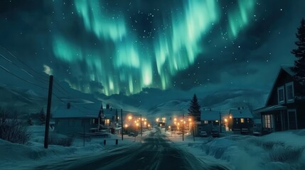 Capture a dramatic shot of the aurora borealis over a quiet village. The soft glow of streetlights contrasts with the powerful, colorful dance of the aurora above