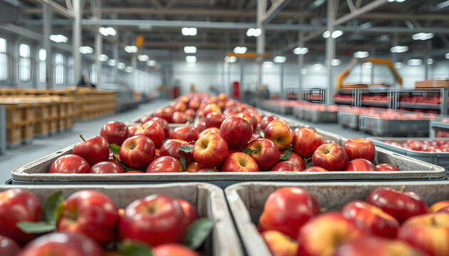Ripe juicy red apples in a container. Production facilities of large warehouse - grading, packing and storage of crops isolated with white highlights, png