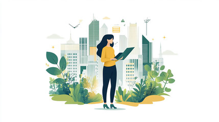 Sustainable mindset engineer plans a city project Eco friendly urban design, carbon neutral buildings, renewable energy principles, and climate resilience for a sustainable vision vector illustration.