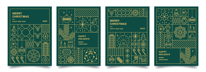 Set of Merry Christmas and Happy New Year geometric minimalist card in line style. Luxury Xmas backgrounds. Modern Christmas pattern with gold line icons. Perfect for invitation, poster, cover.