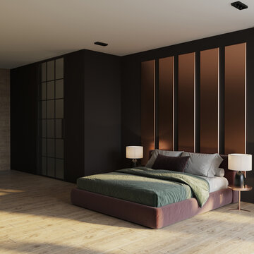 Dark stylish design bedroom. Premium minimalistic hotel room. 