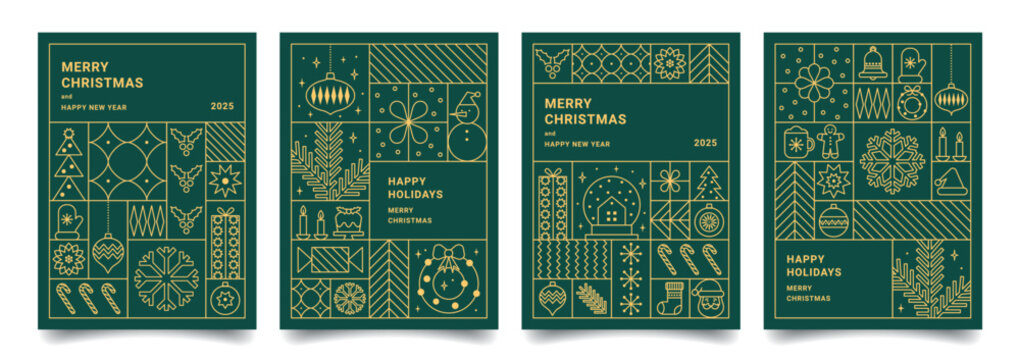 Set of Merry Christmas and Happy New Year geometric minimalist card in line style. Luxury Xmas backgrounds. Modern Christmas pattern with gold line icons. Perfect for invitation, poster, cover.