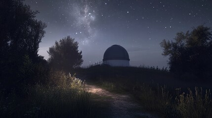Obraz premium Capture the quiet serenity of an observatory surrounded by a calm landscape. The dome is open to the night sky, offering a perfect view of the cosmos beyond.