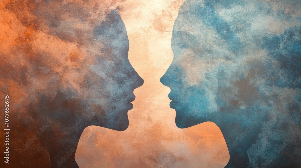 Poster Two abstract silhouettes symbolize communication and empathy, blending pastel shades that evoke connection and understanding. Generative AI